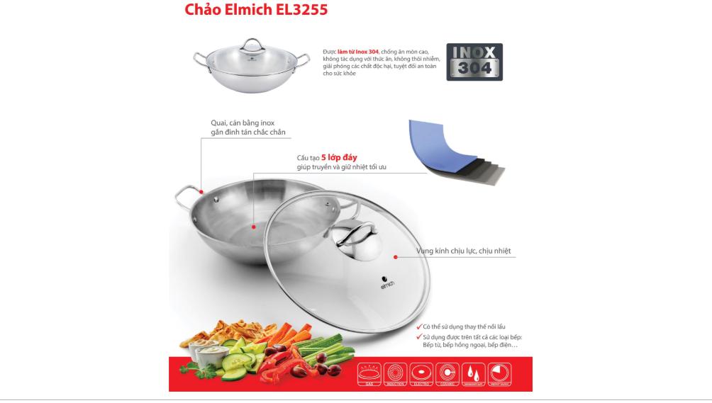 Chảo Sâu Lòng Inox 304 Elmich 32CM EL3255 -  Bảo Hành 2 Năm