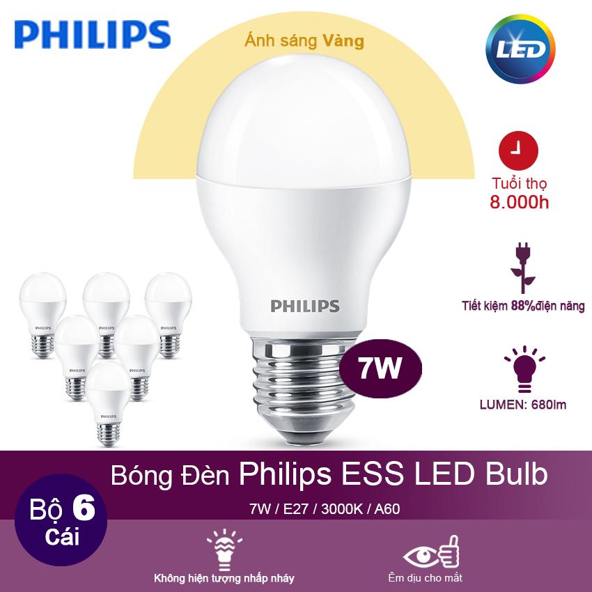 (Bộ 6) Bóng đèn Philips ESS LEDBulb 7W 3000K đuôi E27 230V A60 - Ánh sáng vàng