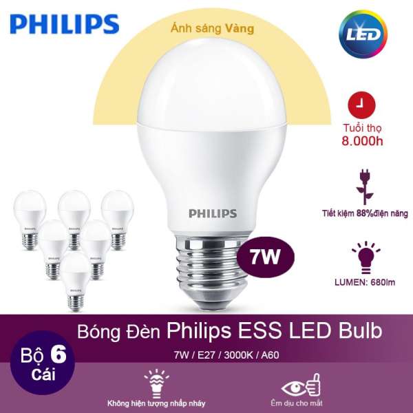 (Bộ 6) Bóng đèn Philips ESS LEDBulb 7W 3000K đuôi E27 230V A60 - Ánh sáng vàng