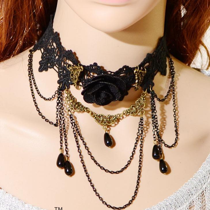 Vòng cổ choker dạ tiệc ren hoa hồng đen Sophia