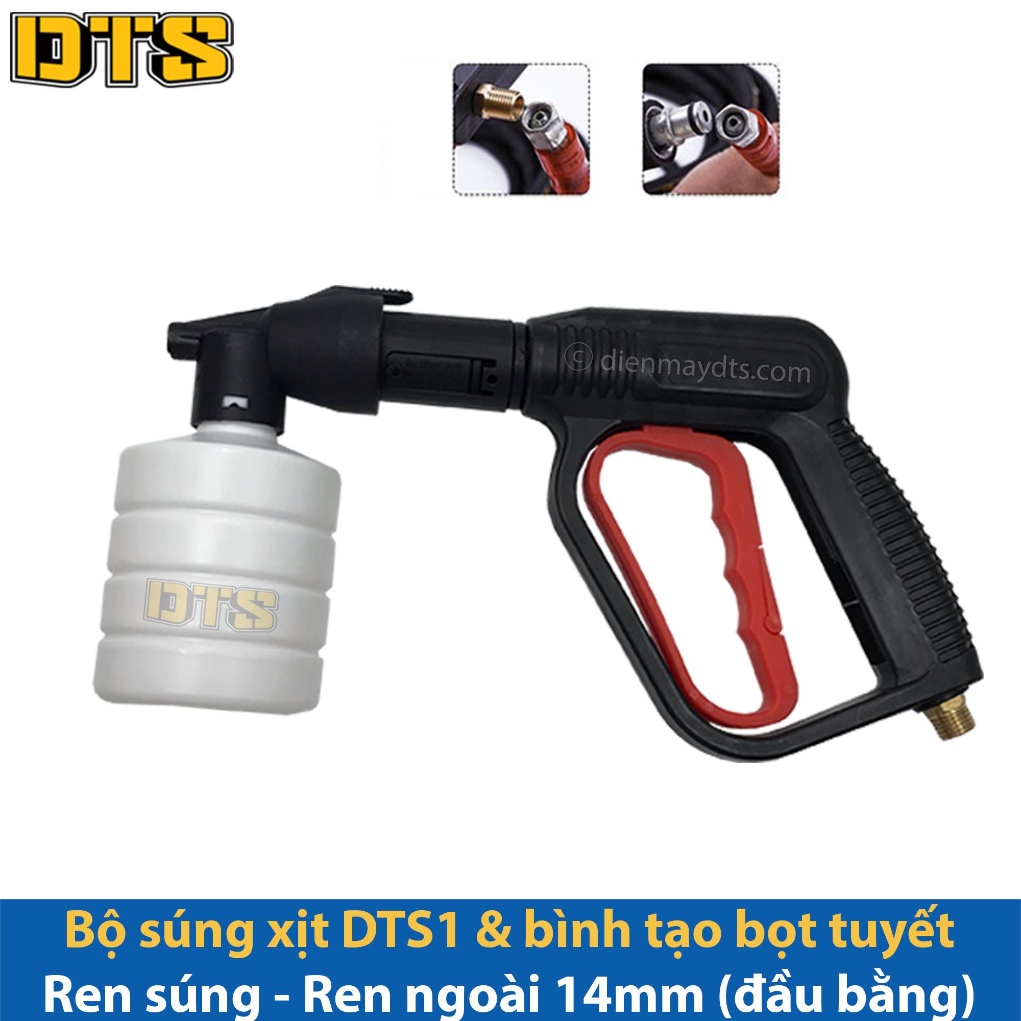 Bộ súng xịt DTS1 và bình tạo bọt tuyết cho máy rửa xe áp lực cao, máy xịt rửa cao áp, máy rửa xe gia đình (Ren ngoài 14mm - Đầu ren bằng)