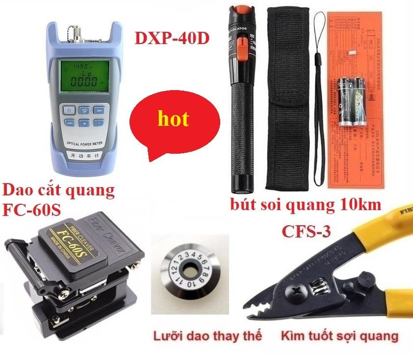 Bộ thi công cáp quang với 5 sản phẩm:Máy đo suy hao quang HX + Dao cắt sợi quang SKL -60S (FC-60S) + Bút soi sợi quang 10Km + Kìm tuốt sợi quang + Lưỡi dao thay thế