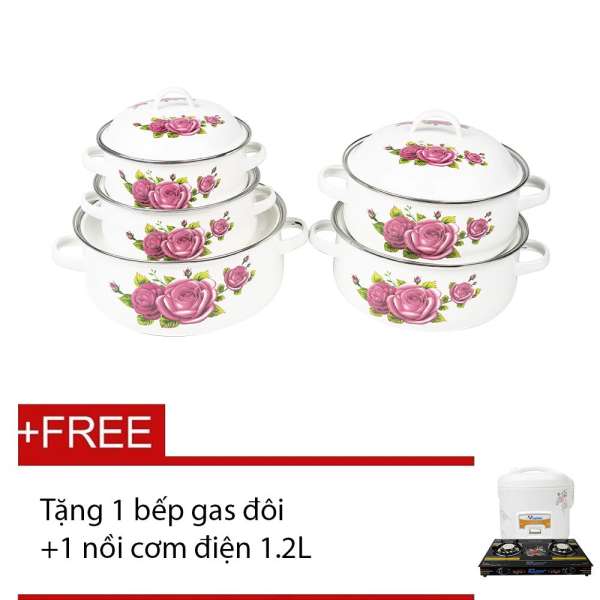 [GOLDEN T7]GOODLIFE  - Bộ 5 nồi tráng men + 1 bếp gas đôi(Rainy) + 1 nồi cơm điện 1.2L(MS, BS,HP,PS)