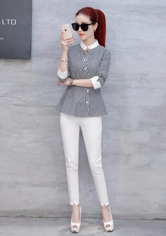 [HCM]Áo kiểu sọc caro peplum Phong Cách Hàn Quốc Cực Hot có ảnh thật