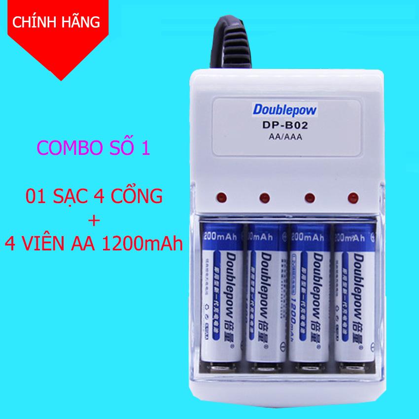 [B02+4AA1200] Combo Bộ sạc pin AA, AAA 4 cổng DoublePow DP-B02 + 4 viên pin AA 1200mAh