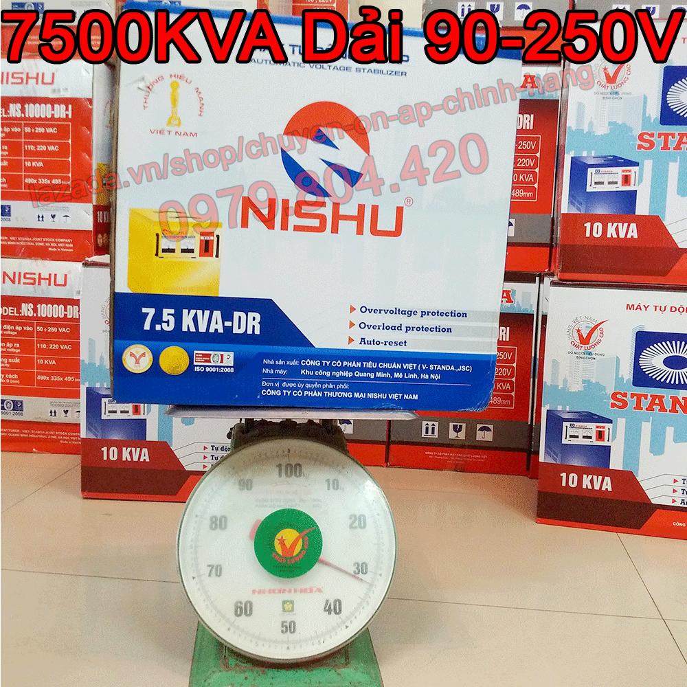 Ổn Áp Nishu 7,5KVA DR dải 90-250V, bảo hành 4 năm, 100% dây đồng