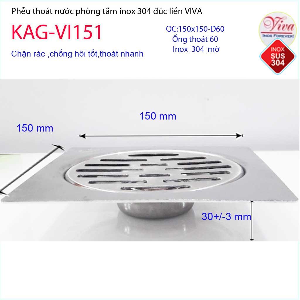 [HCM]Phễu thoát sàn Viva 15x15 cm KAG-VI151 ống thoát 60mm chống mùi hôi inox 304, thoát sàn inox đúc dày thoát nước nhanh chống hôi tốt