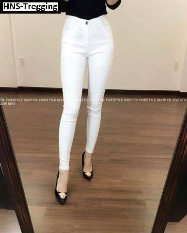 Quần kaki tregging nữ màu trắng lưng cao vải co giãn mạnh tôn dáng