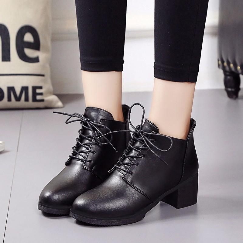 Giày boot nữ cổ thấp đế vuông Lidus HH1829 da Ý cao cấp (Màu đen)