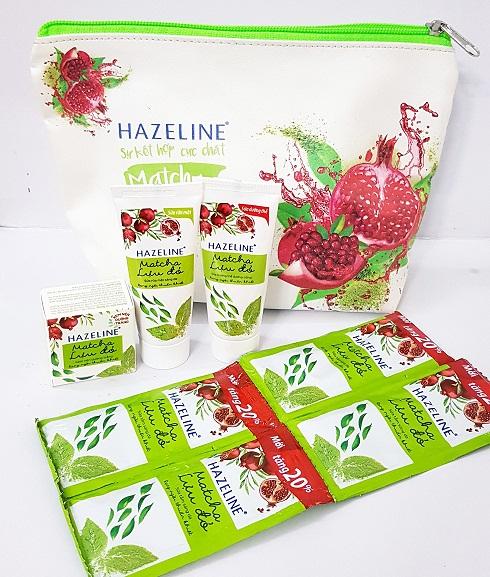 Combo 5set Hazeline Matcha – Lựu đỏ (gồm: 4Sữa tắm, 1Sữa rửa mặt, 1Sữa dưỡng thể, 1Kem dưỡng trắng + 1túi cầm tay)