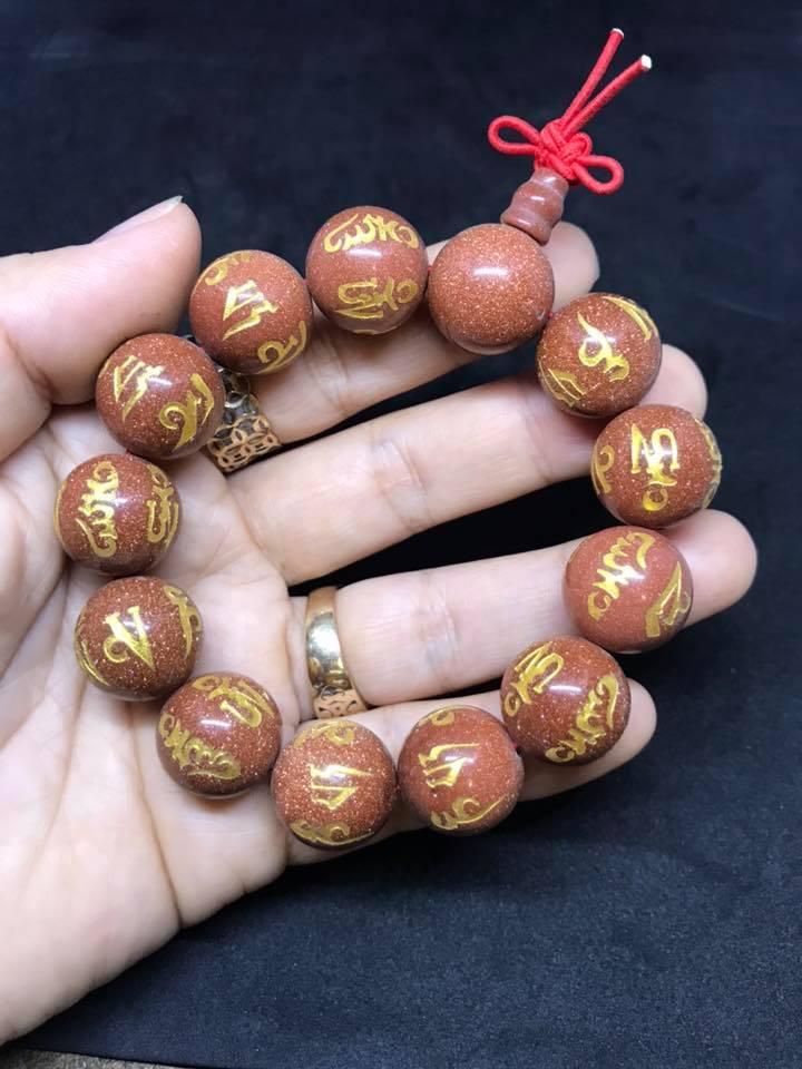 Vòng tay đá kim sa nâu khắc chú đại bi 16ly