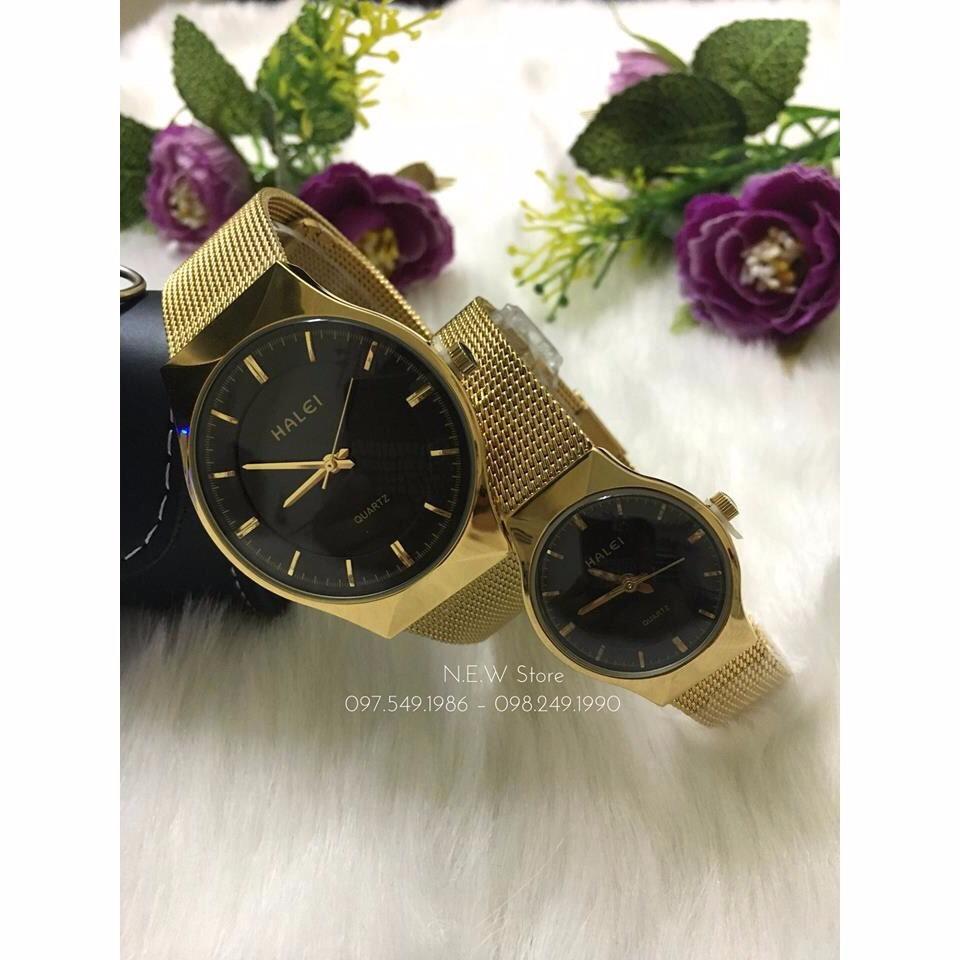 Đồng hồ cặp đôi dây thép Halei Gold Black limited