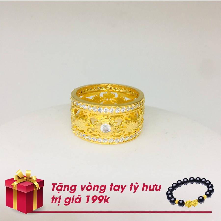 Nhẫn Rồng nam mạ vàng 18k 2 đường đá + tặng vòng tay tỳ hưu