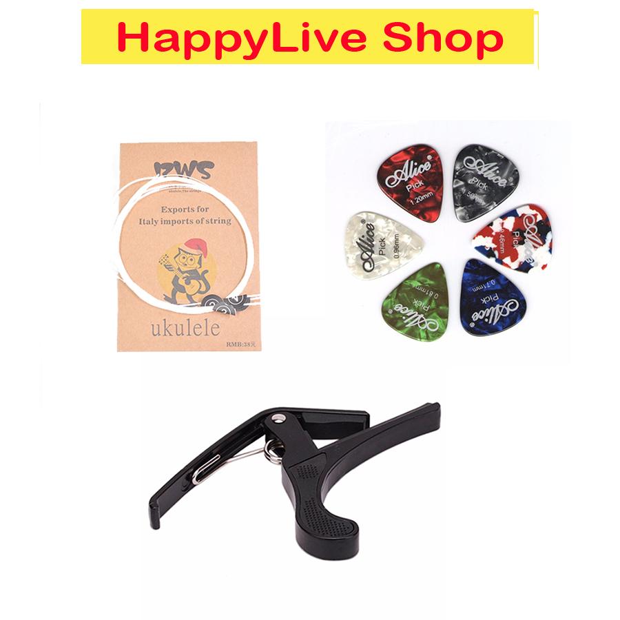 Combo 3 phụ kiện Ukulele : Capo + Bộ dây dự phòng + Phím gảy - HappyLive Shop