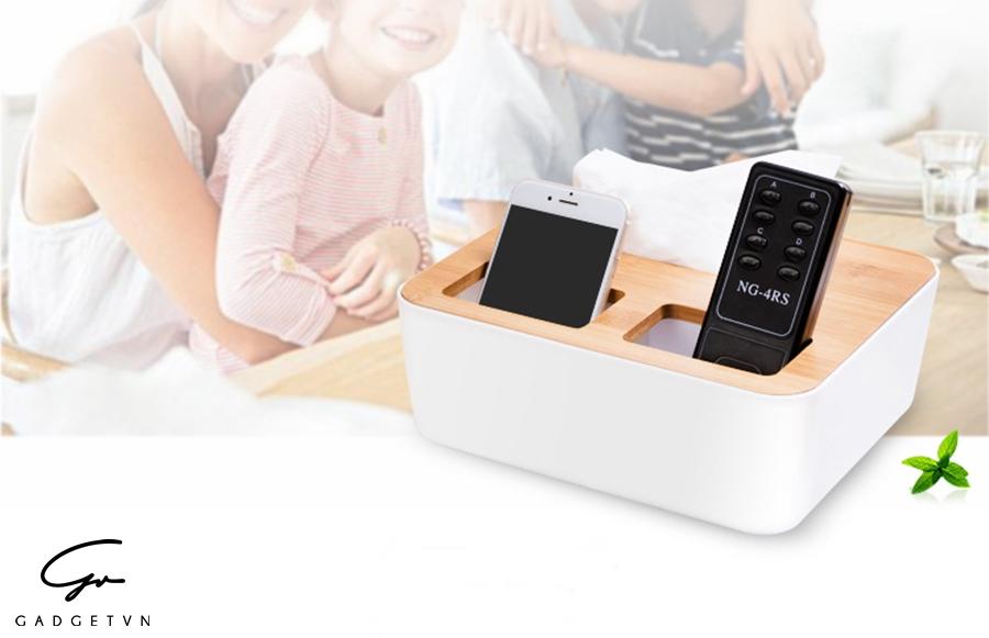 Hộp giấy nắp gỗ chia 3 ngăn