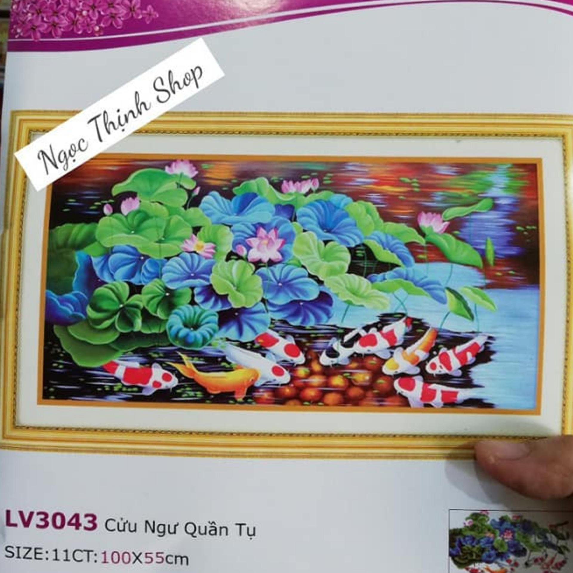 Tranh thêu chữ thập CỬU NGƯ QUẦN HỘI -LV3043-KÍCH THƯỚC 1MX55CM