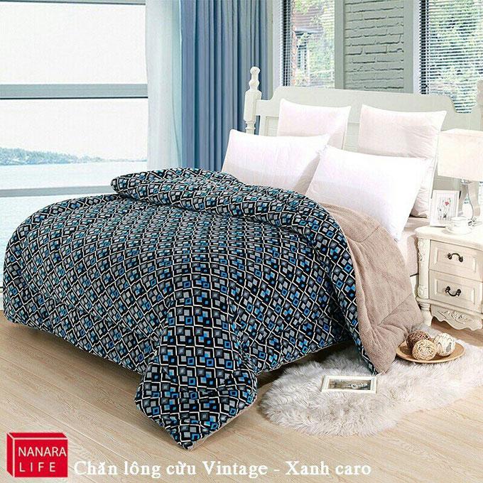 Chăn lông cừu Vintage Nanara Life 200x230cm - Nhật Bản (Xanh caro)