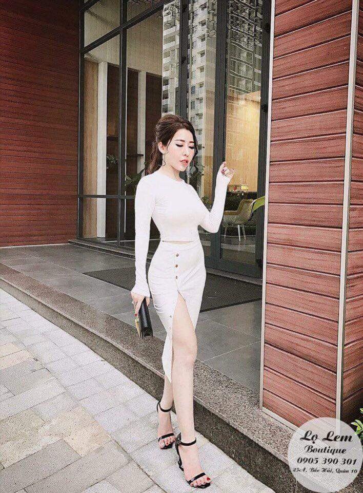Sét áo thun tay dài chân váy xẻ kết nút 
