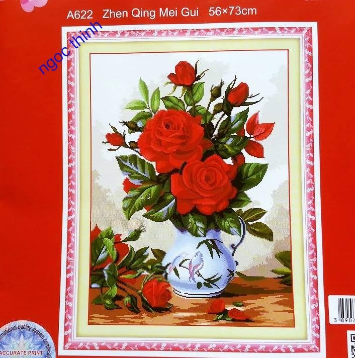 Tranh thêu chữ thập bình hoa hồng A622