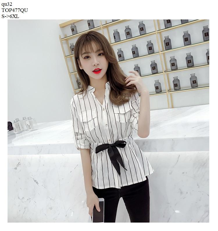 Top477qu áo sơ mi nữ sọc cổ v