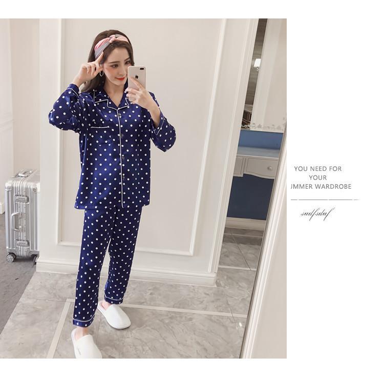 [HCM]Bộ Đồ Mặc Nhà Pijama Phi Lụa Họa Tiết Chấm Bi CDANP15