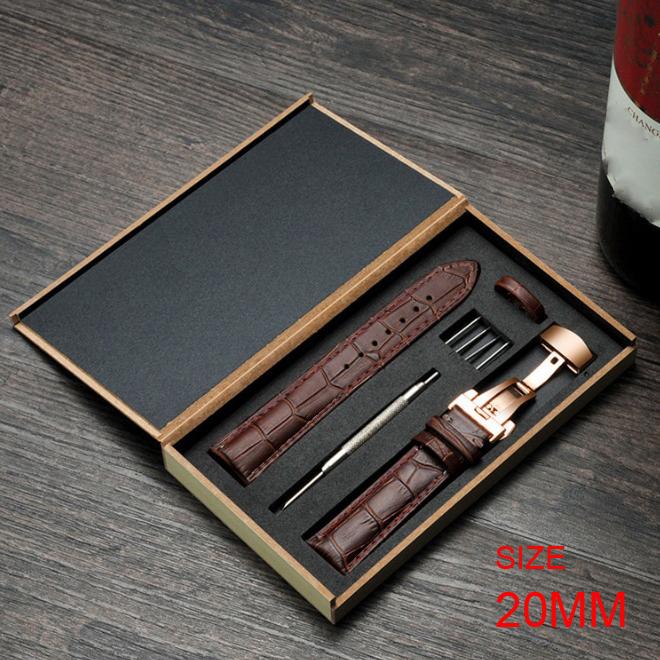 Dây đồng hồ da bò cao cấp tặng Hộp Gỗ SIZE 20mm ( Da NÂU) kèm khóa bướm thép không gỉ 316L (VÀNG)