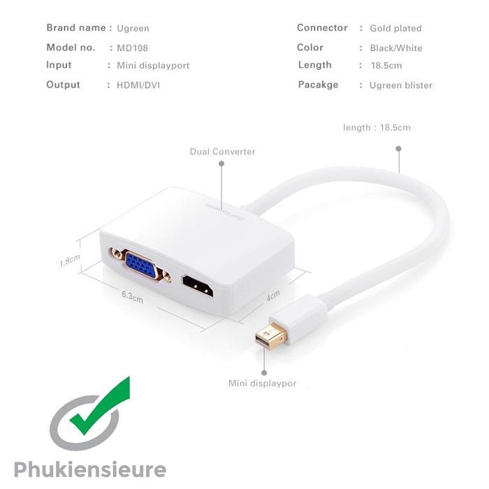 Bộ chuyển Mini Displayport to VGA/HDMI Adapter Ugreen (Trắng)