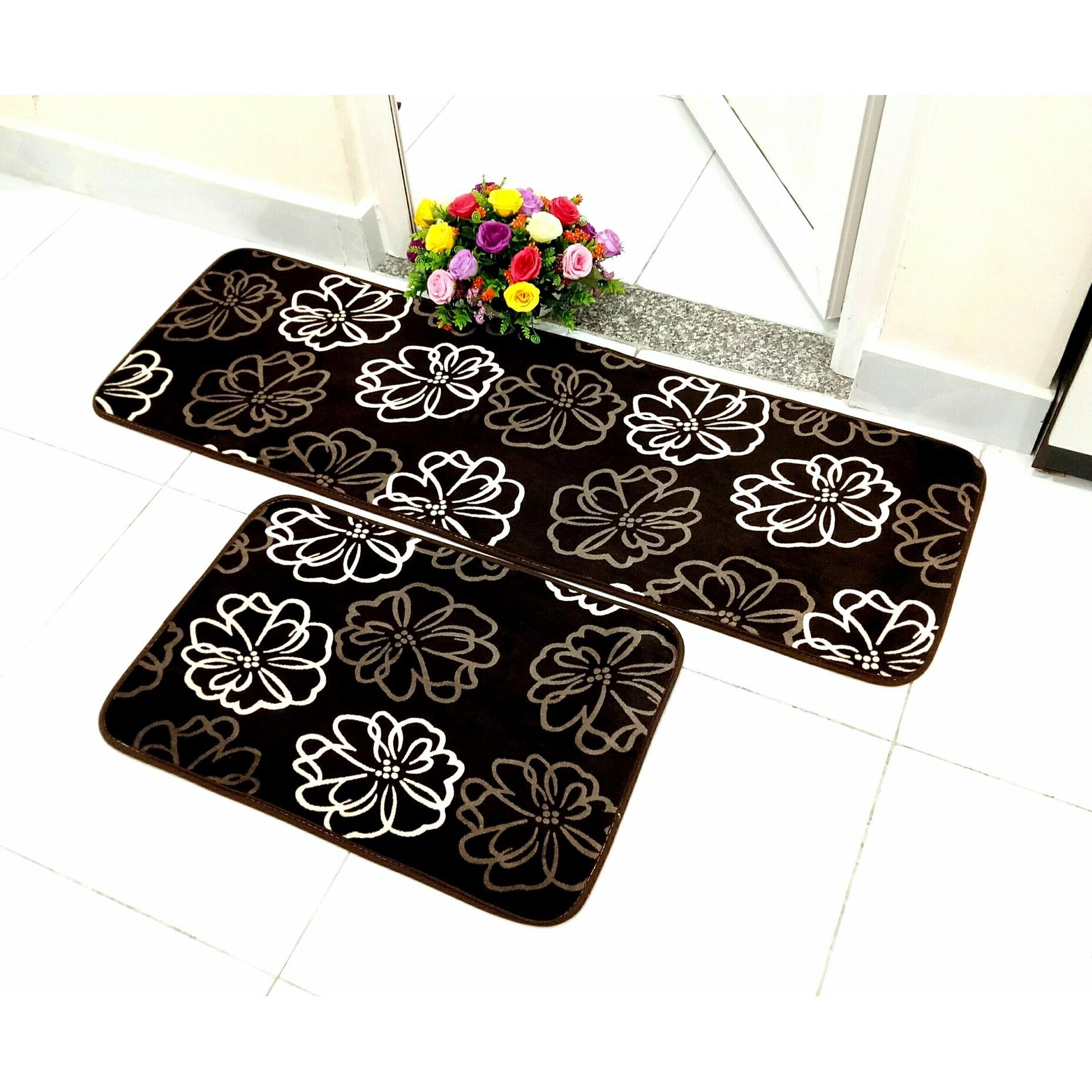 Bộ 02 thảm bếp cao cấp siêu thấm chống trơn trượt BHOME - HOA NÂU (KT 40 x 60cm và 40 x 120cm)