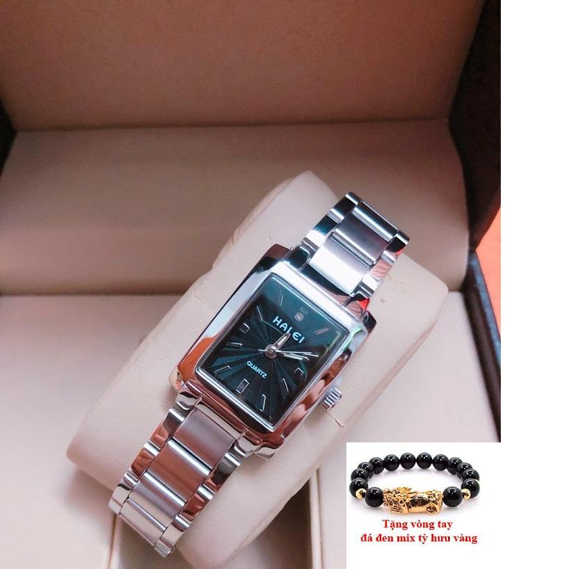 Đồng hồ Nữ mặt vuông cao cấp Halei dây thép không ghỉ TẶNG 1 vòng tỳ hưu phong thủy may mắn Dây trắng mặt đen