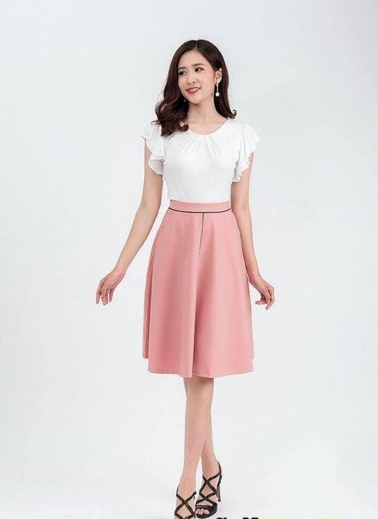 Váy xòe công sở hồng viền
