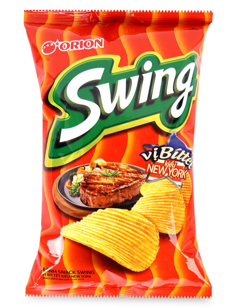 Snack Swing vị bò bittet kiểu New York Orion gói 90g, được chế biến từ nguyên liêu tự nhiên thơm ngon, hấp dẫn, giòn tan của từng lát khoai tây mang đến cho bạn một trải nghiệm thú vị