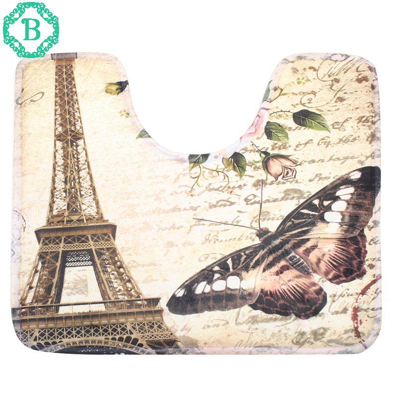 2Pcs Eiffel Tower Pattern Non-Slip Soft Bathroom Toilet Rug Bath Mat Set