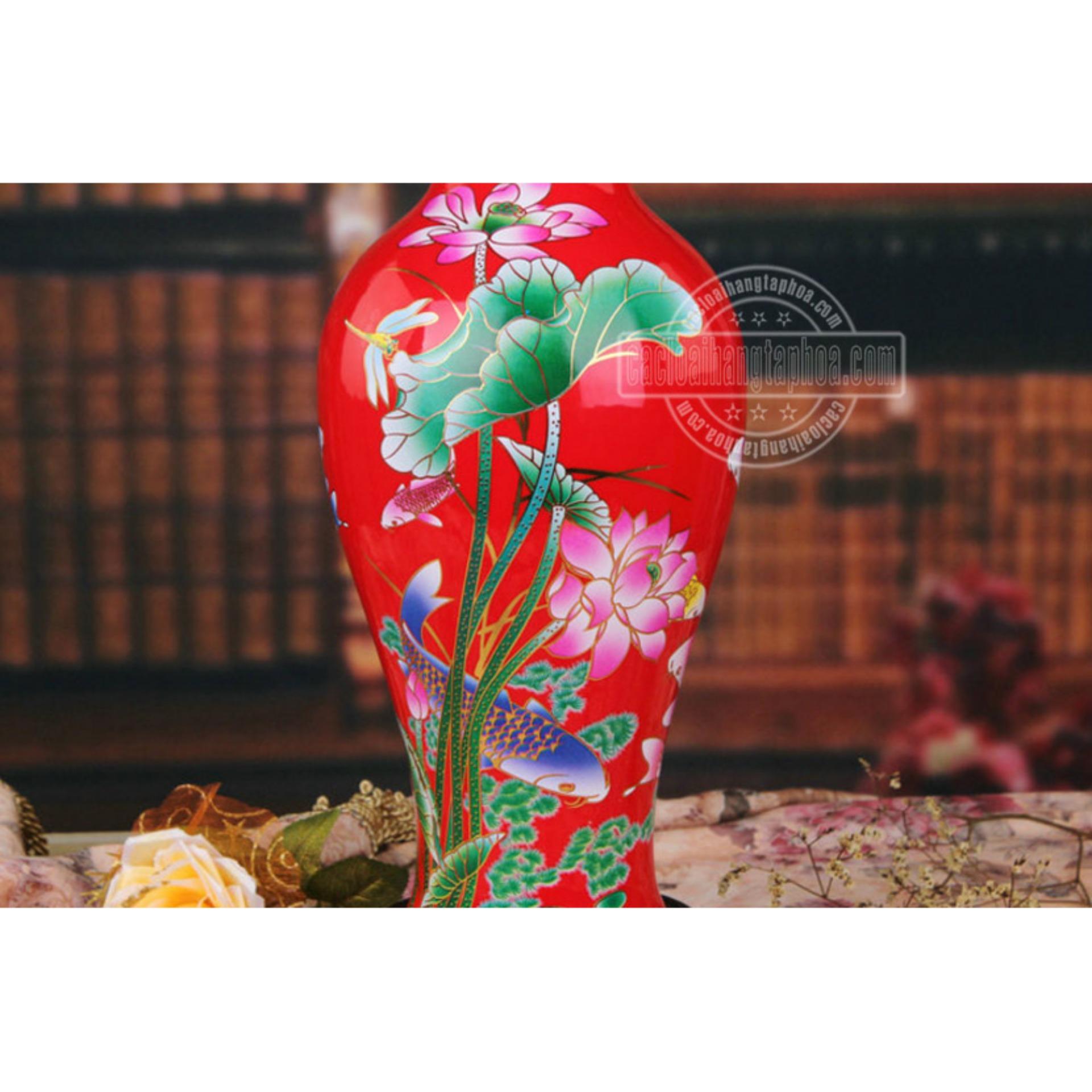 Bình hoa gốm sứ Cảnh Đức chất lượng cao màu đỏ họa tiết hoa súng cá vàng, MS xzgh007-R-7
