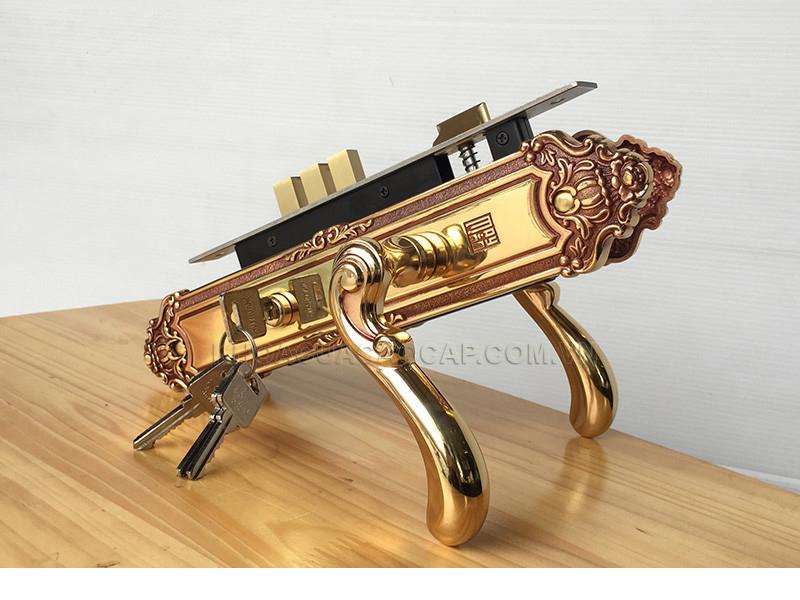 Khoá tay nắm đồng thau Huy Hoàng HC 8529 - Thích hợp sử dụng cho cửa gỗ cao cấp lớn, 2 cánh