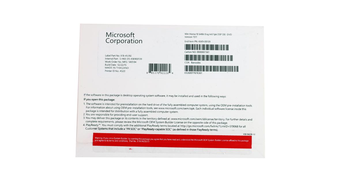 Phần mềm HĐH Microsoft Windows Pro 10 64Bit Eng Intl 1pk DSP OEI DVD
