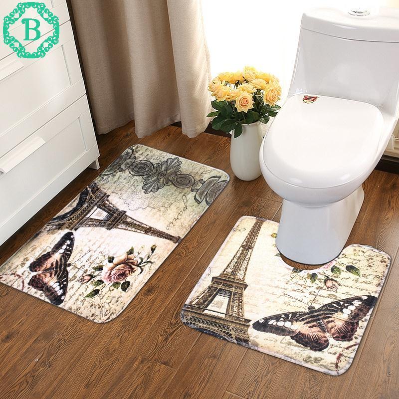 2Pcs Eiffel Tower Pattern Non-Slip Soft Bathroom Toilet Rug Bath Mat Set