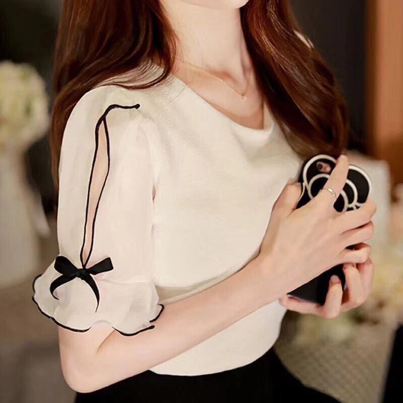 Áo sơ mi voan cổ tròn tay bèo có dây nơ quyến rũ TTS0038