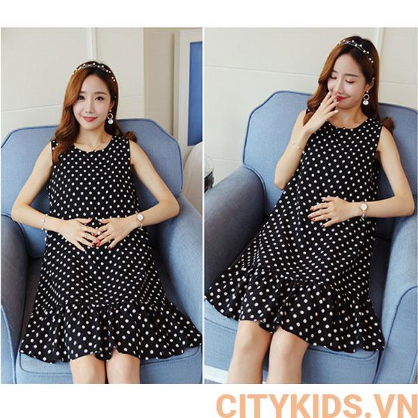 Đầm ( Váy) Bầu Dáng Suông Đuôi Cá Chấm Bi