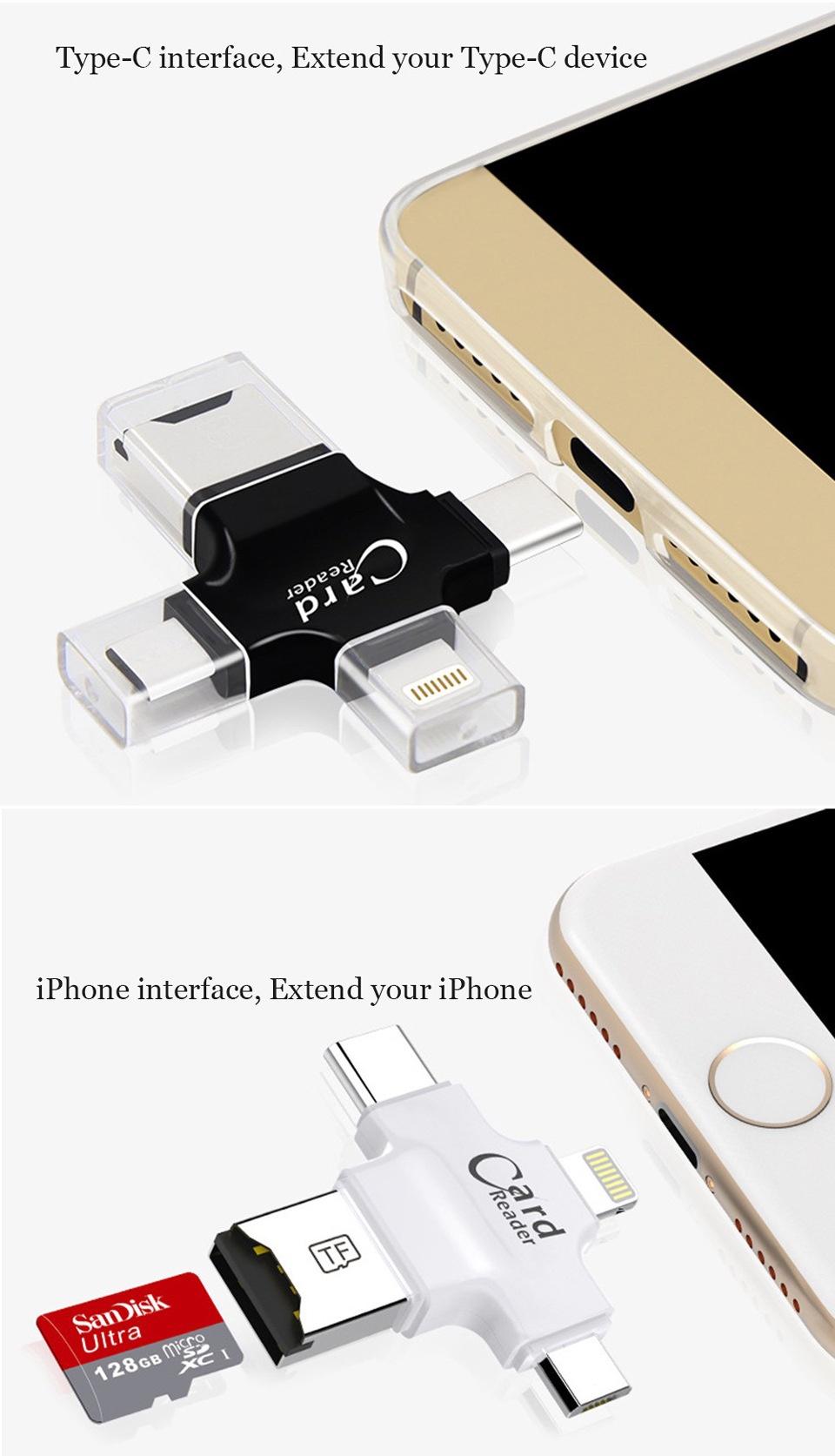 Đầu đọc thẻ đa năng 4 in 1(OTG, USB, TYPE - C, IOS) dùng cho iOS - Android - PC- Macbook