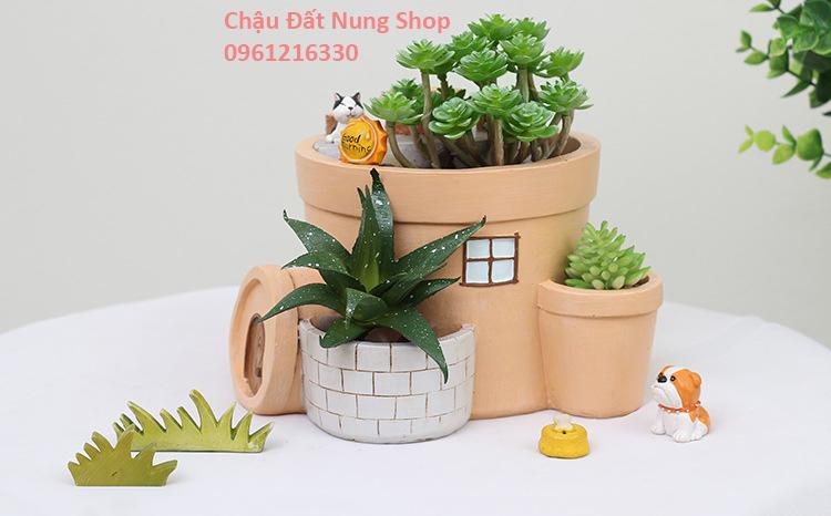 Chậu kiểu Mèo và khúc gỗ, Chậu trồng cây, Chậu hoa, Chậu đẹp, Chậu tiểu cảnh, Chậu đất nung, chậu đáng yêu, Chau trong cay