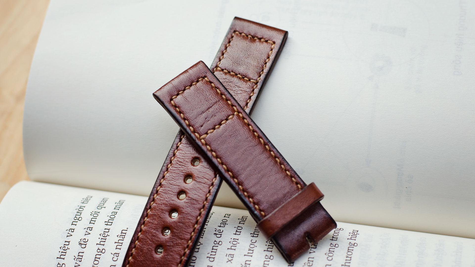Dây đồng hồ nam da bò handmade mỏng mầu nâu - Dây đồng hồ handmade nam da bò nhập khẩu - Dây đồng hồ Mino Crafts size 22-20mm