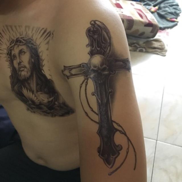 [HCM]Combo 3 tấm hình xăm dán tattoo bắp tay đẹp đầu lâu và thánh giá 15x21cm (Tặng ngay 1 tấm đồng size khi mua 2 combo)