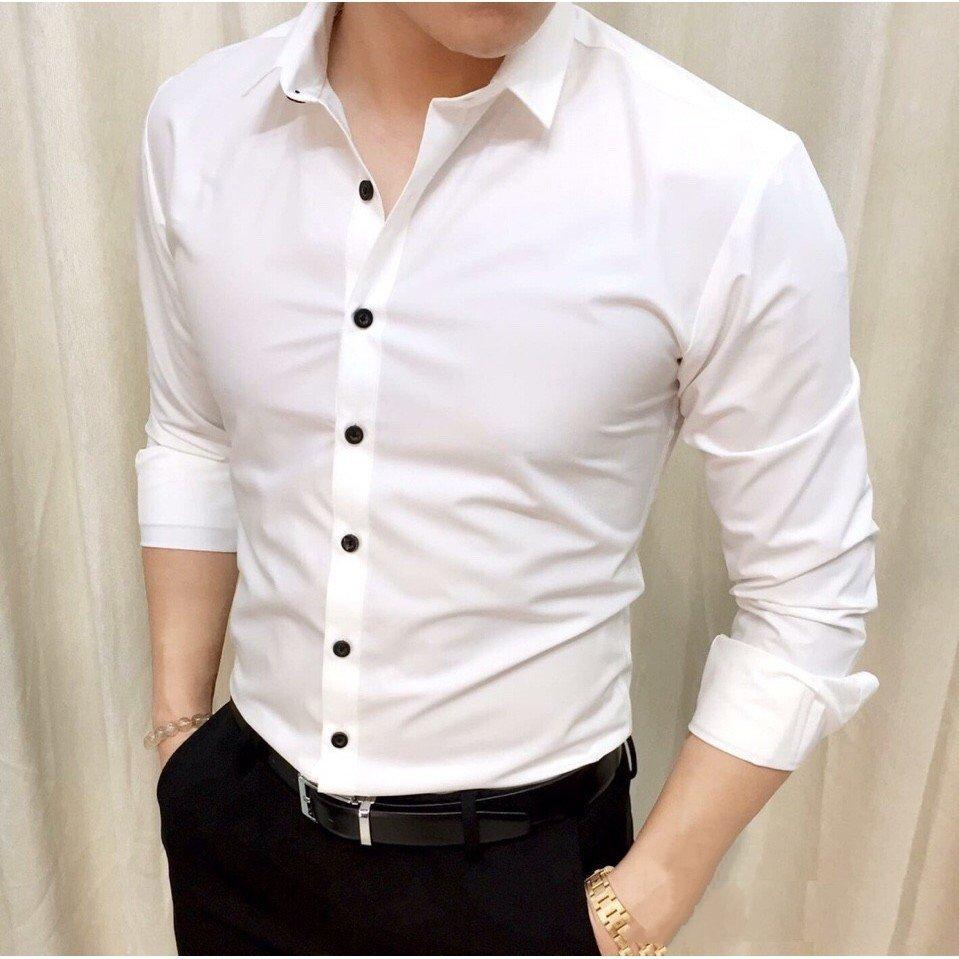 Áo Sơ Mi Lụa Trơn Trắng Cúc Đen, Áo sơ mi nam vải Mềm Mịn, Không Nhăn Cao Cấp