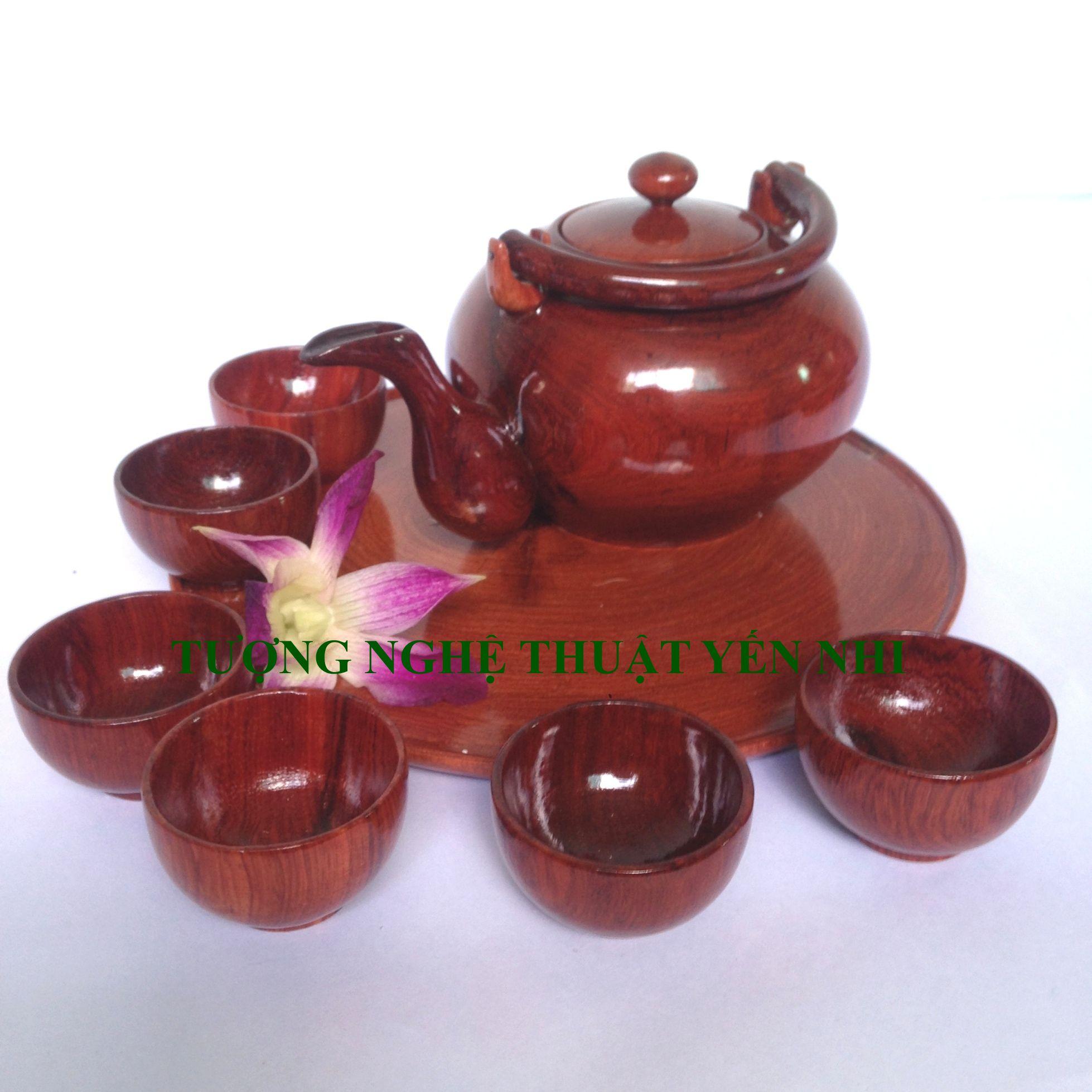 Bộ ấm chén trà gỗ Giáng Hương cao cấp có đĩa