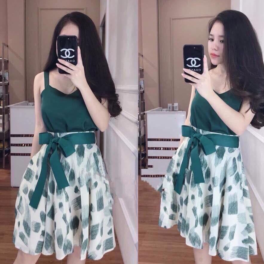 Đầm xòe họa tiết cột eo fashionlyly