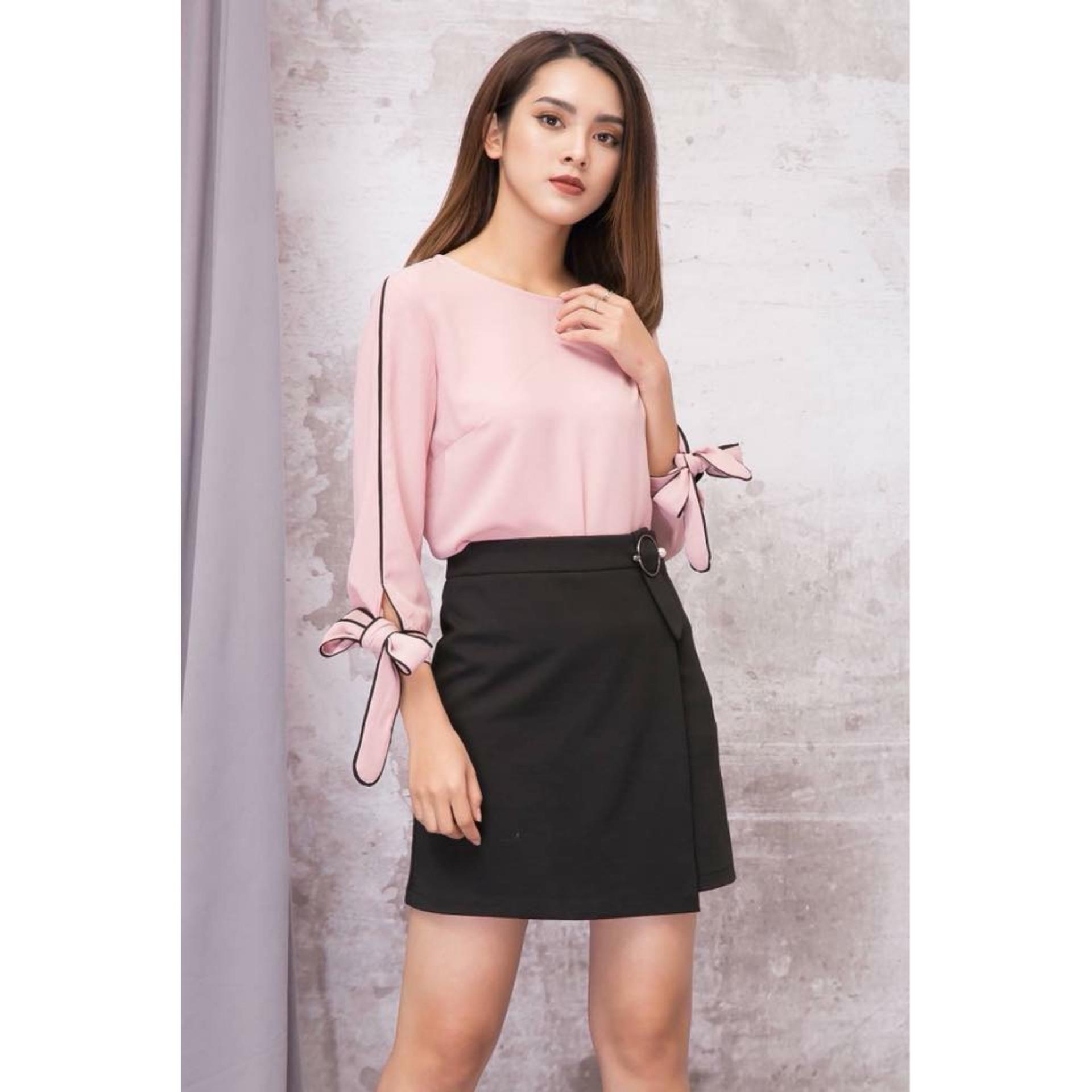 Áo công sở tay dài bo nơ viền HỒNG