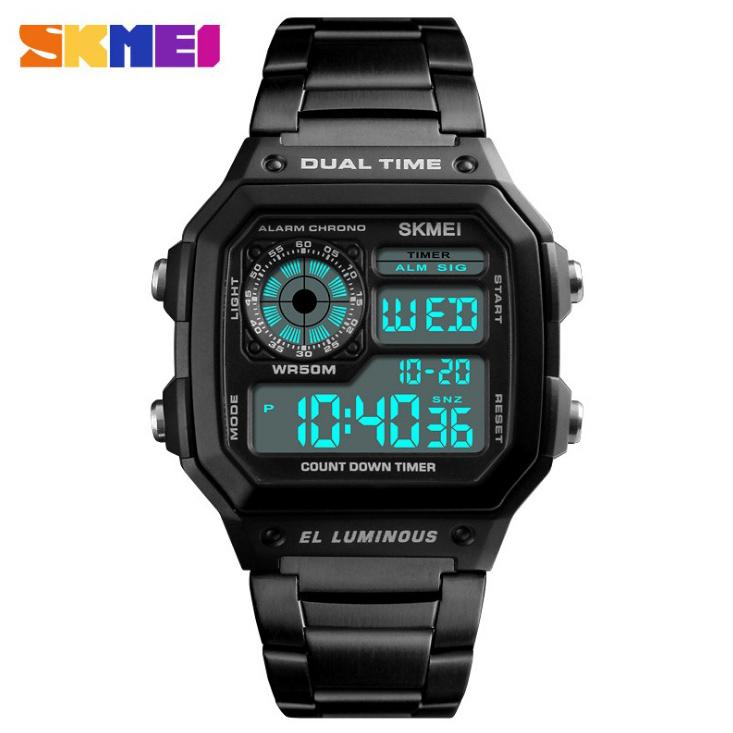 Đồng hồ thể thao điện tử nam Skmei 1335 Digital Watch dây thép không gỉ (Dây đen mặt đen)