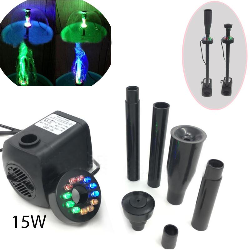 Máy bơm chìm 15W kèm đèn led nhiều màu có đầu phun hình nấm, cho đài phun nước mini, tiểu cảnh