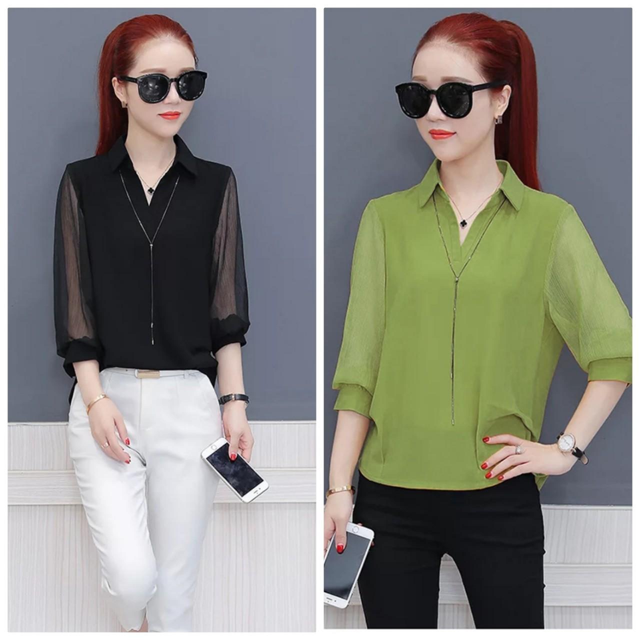 Áo sơ mi form rộng phối tay voan thời trang by3238b