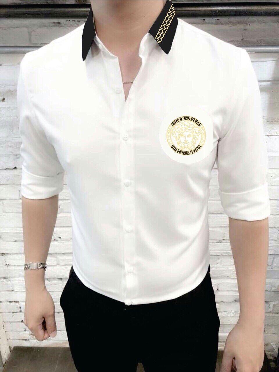 Kman_Áo sơ mi kate lụa thêu logo đôc đào 033 ( Đen + trắng )